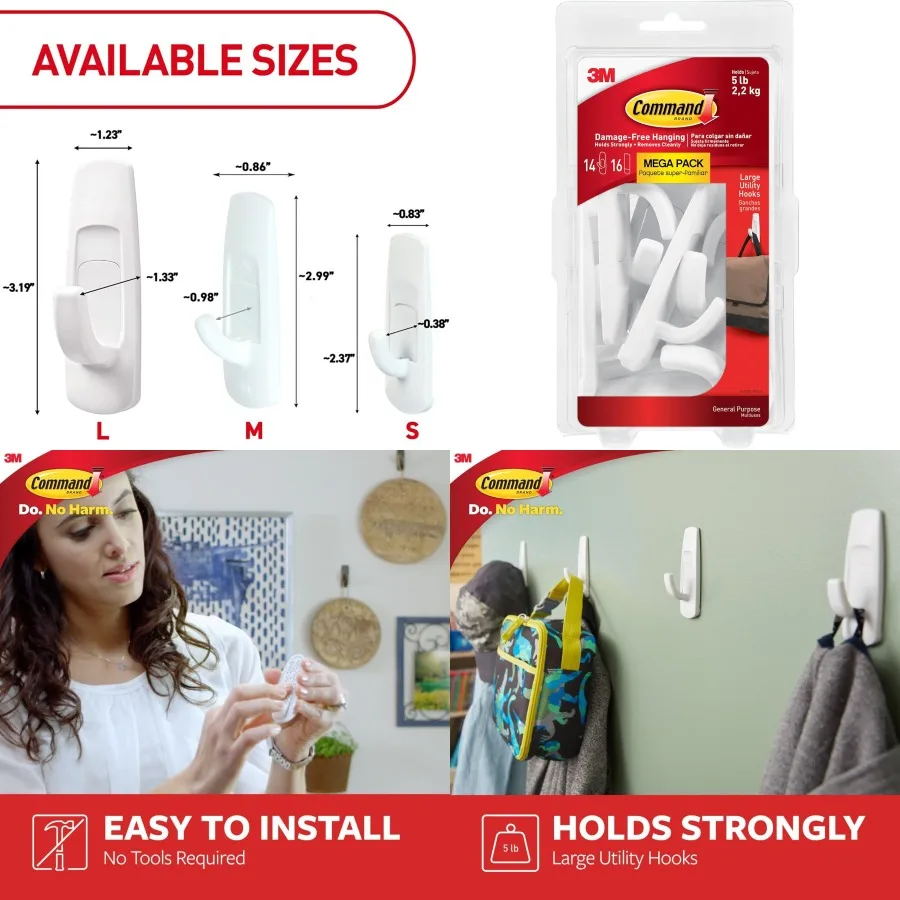 

Large Utility Hooks with Adhesive Strips for DamageFree Wall Hanging Holds up to 5 lb per Hook 14 Hooks and 16 Adhesive Strips