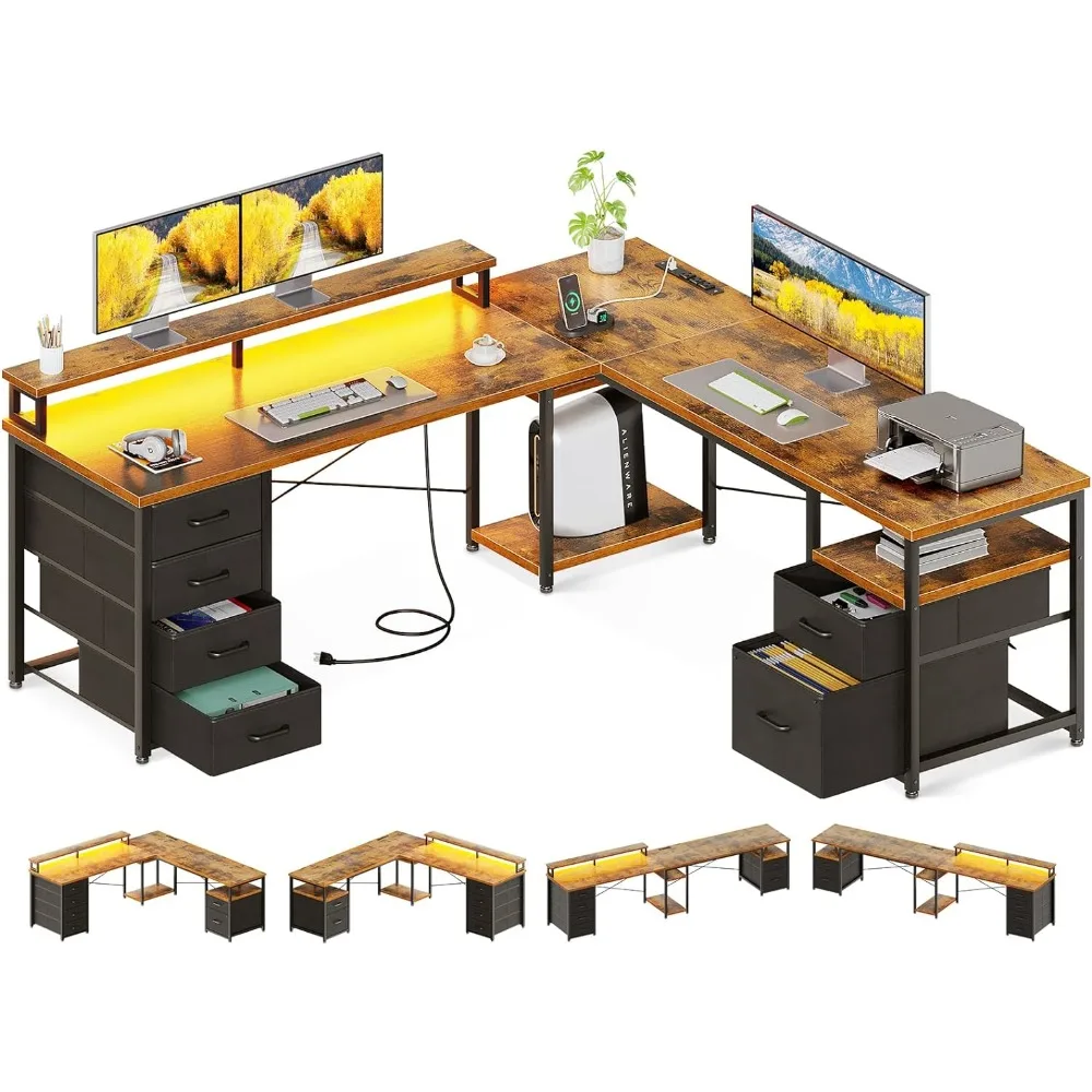 

AODK 59" L Shaped Computer Desk, 105" Reversible Home Office Desk with File Cabinet & 4 Fabric Drawers, Two Person Desk with LED