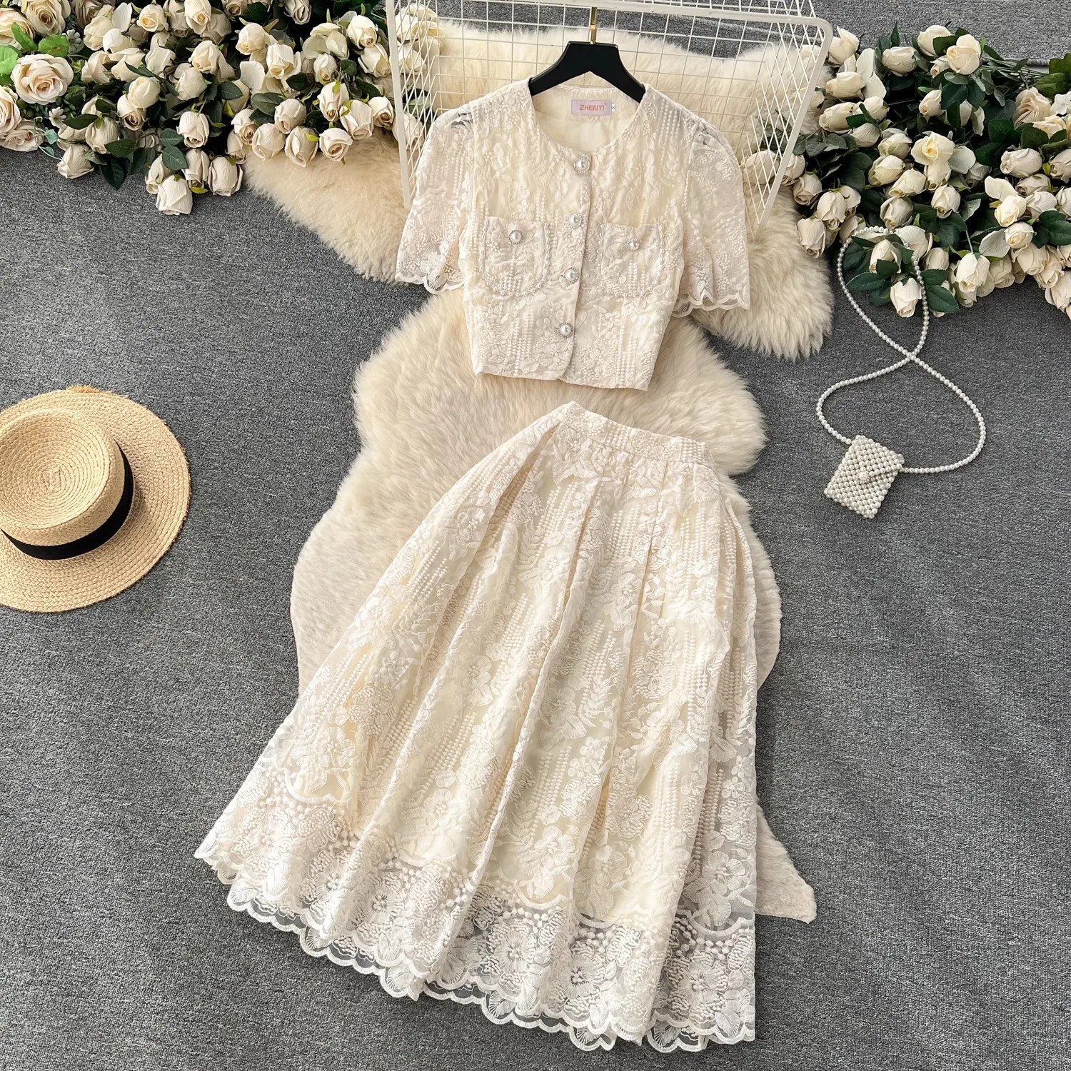 Runway Lace Two Pieces Set For Women Mesh Embroidery Flower Beaded Pockets Tops + A-Line Long Skirt Suit Female Outfit 8562