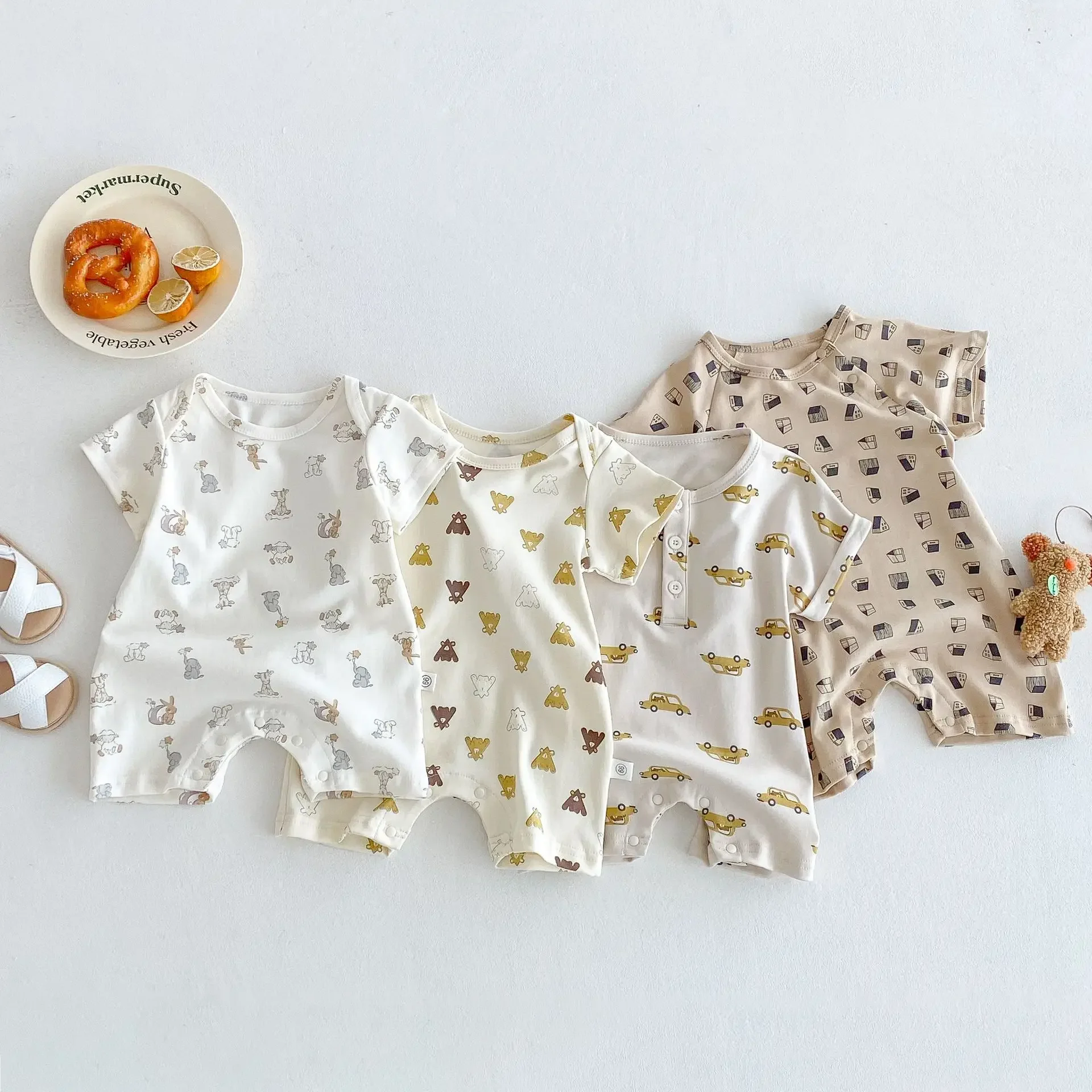

Baby Clothes Summer Thin Cotton Cartoon Jumpsuit Nordic Style Printed Short Sleeved Men's and Women's Outdoor Climbing Clothes