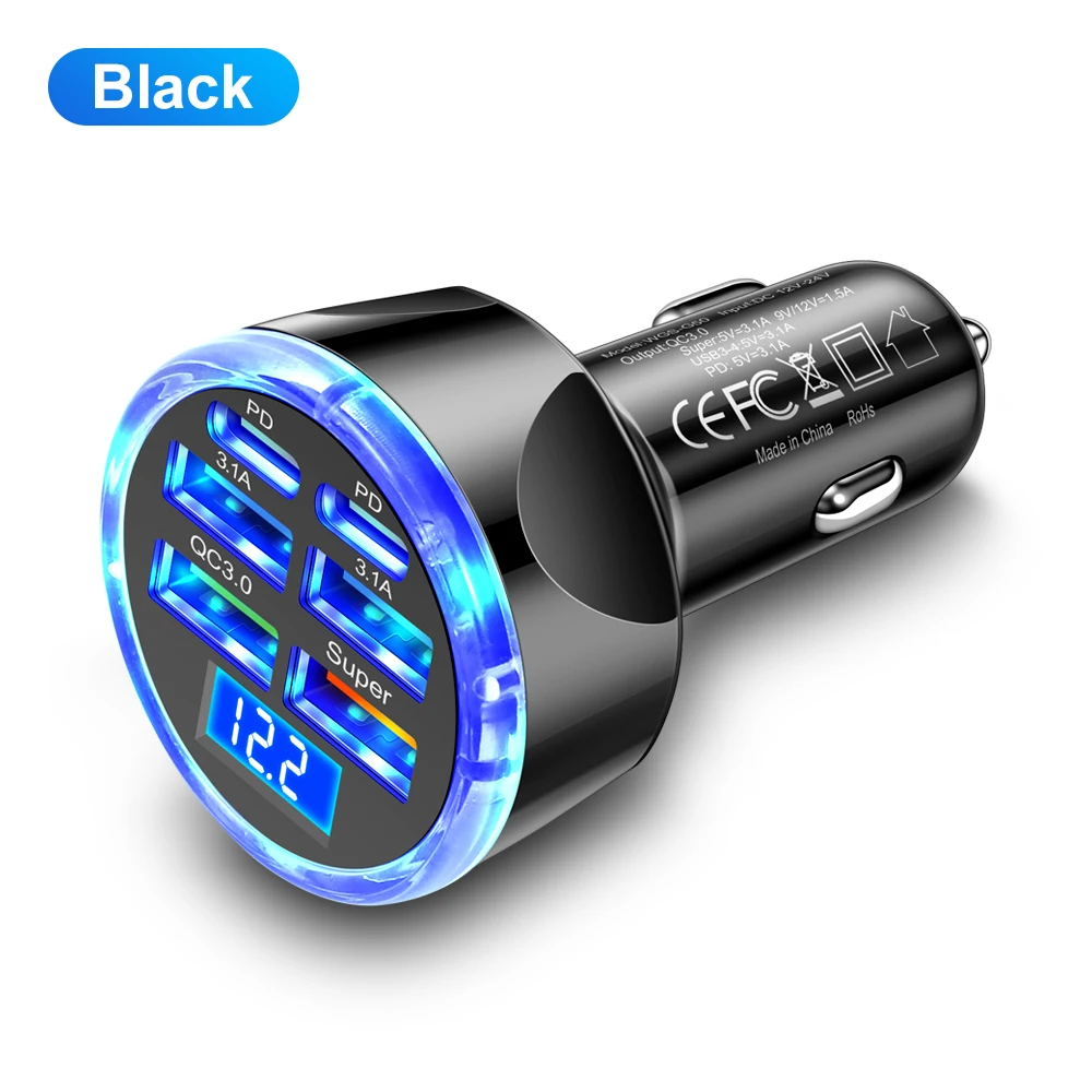 100W6 In1Ports Car Charger Fast Charging PD QC3.0 USBC Car Phone Charger Type C Adapter in Car For iPhone Samsung Huawei Xiaomi