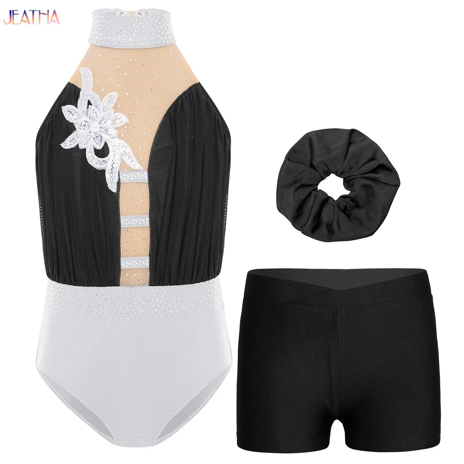 

Applique Ballet Dance Suit for Kids Girls Gymnastics Outfit Sleeveless Jumpsuit Teens Ballet Dance Leotard with Shorts Hairband