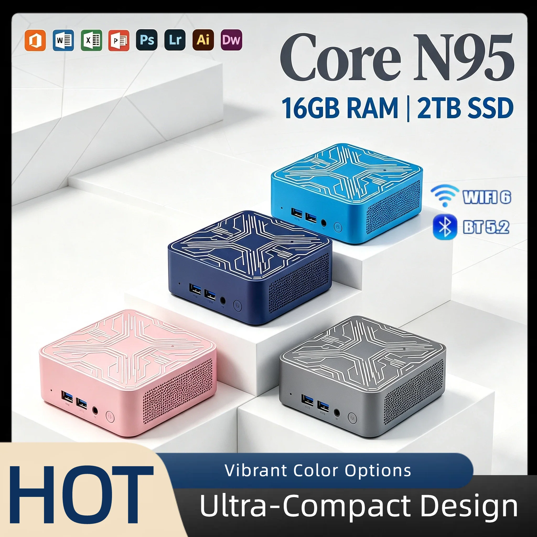 Intel Core N95 Ultra Compact Mini Desktop 16GB DDR4 2TB SSD Triple 4K Monitor WiFi6 BT5.2 High Performance Home Office Pro