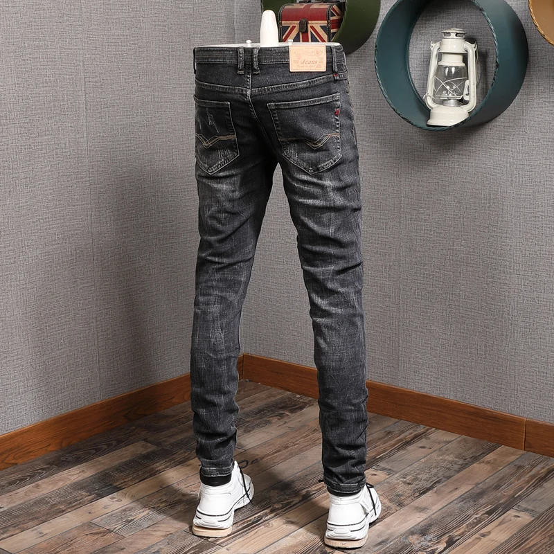 Italian Style Fashion Men Jeans Retro Black Gray Elastic Stretch Slim Fit Ripped Jeans Men Vintage Designer Denim Pants Hombre