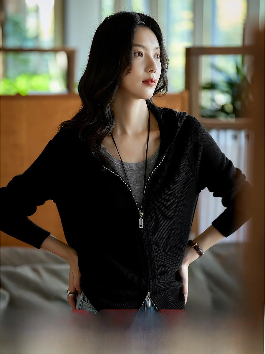 

Премиальный вязаный кардиган из пряжи Янчжоу, плотный, 500 г, с капюшоном, на двойной молнии, с длинными рукавами, женский, в стиле OL