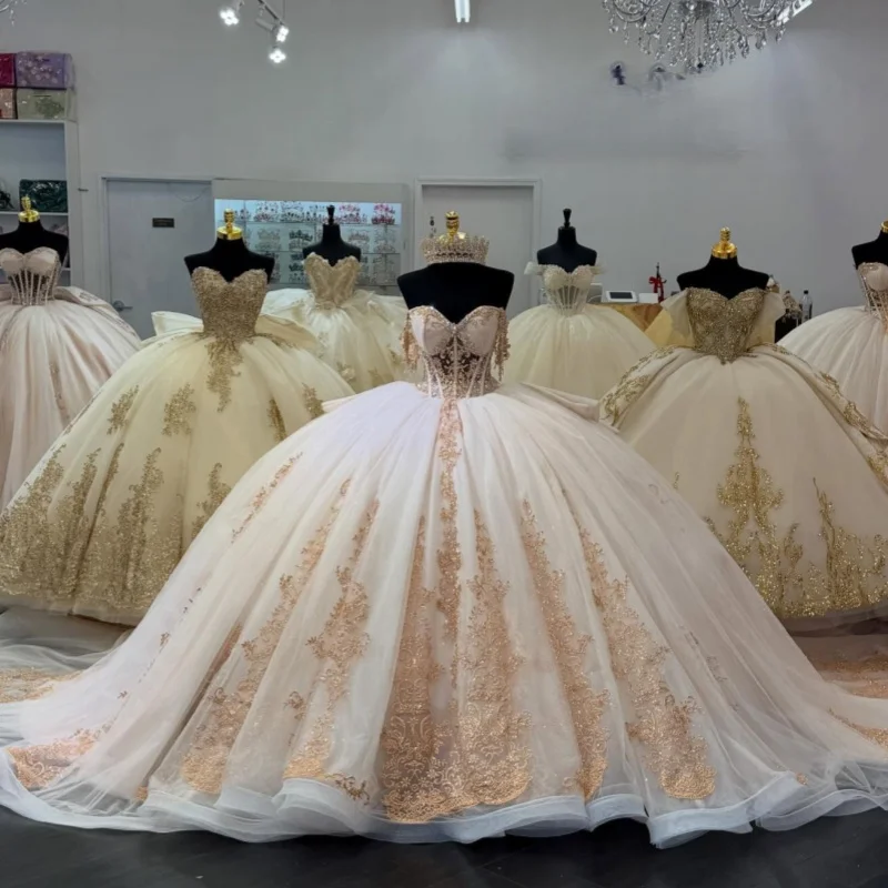 

Light Champagne Dresses off-shoulder Crystal Golden Glitter Decal Ruffle Long tail Bow Vestido De 15 Quinceanera Customize