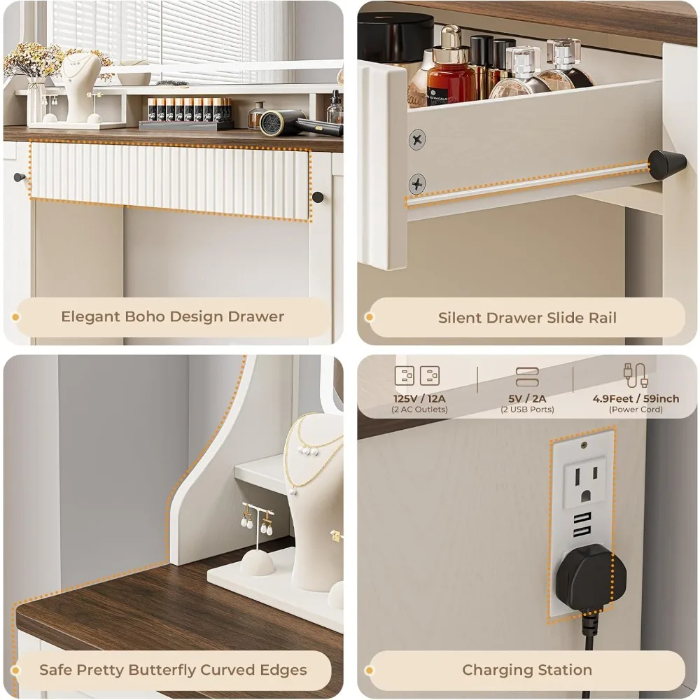 مكتب مكياج مضيء مقاس 46.5 بوصة مع مرآة وأدراج تخزين وخزائن وأضواء LED بثلاثة ألوان