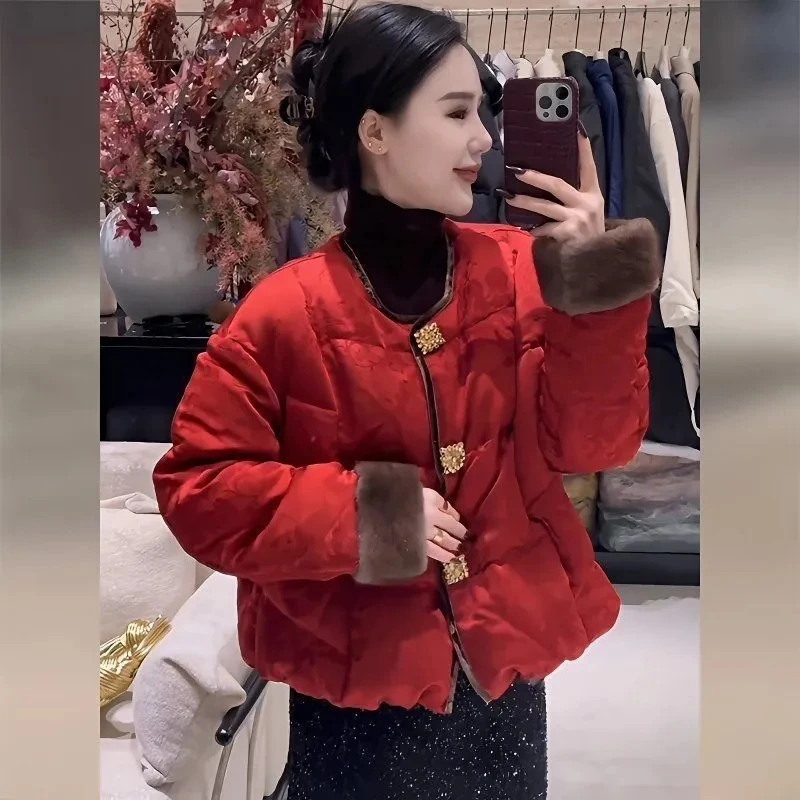 New Chinese Style Red Cotton Jacket Young Women's Winter Coat Traditional Tang Costume Warmth Fashionable Casual Long Sleeve