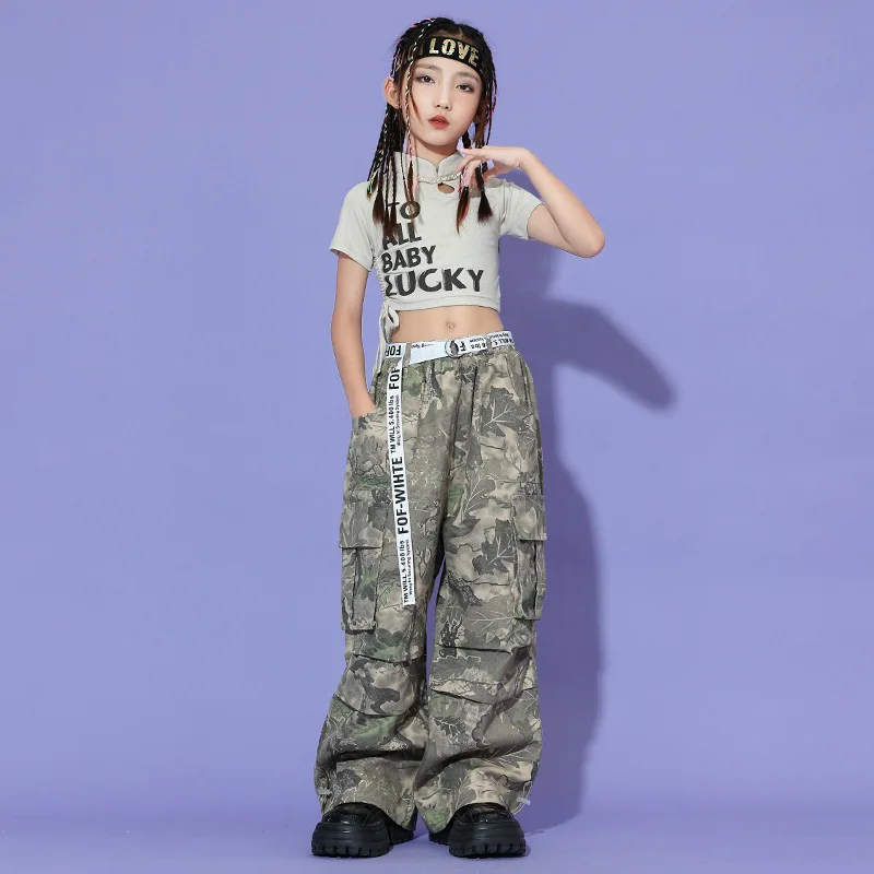 

Kid Hip Hop Clothing Beige Cheongsam Collar Crop Top T Shirt Camouflage Ruched Cargo Pants for Girl Jazz Dance Costume Clothes