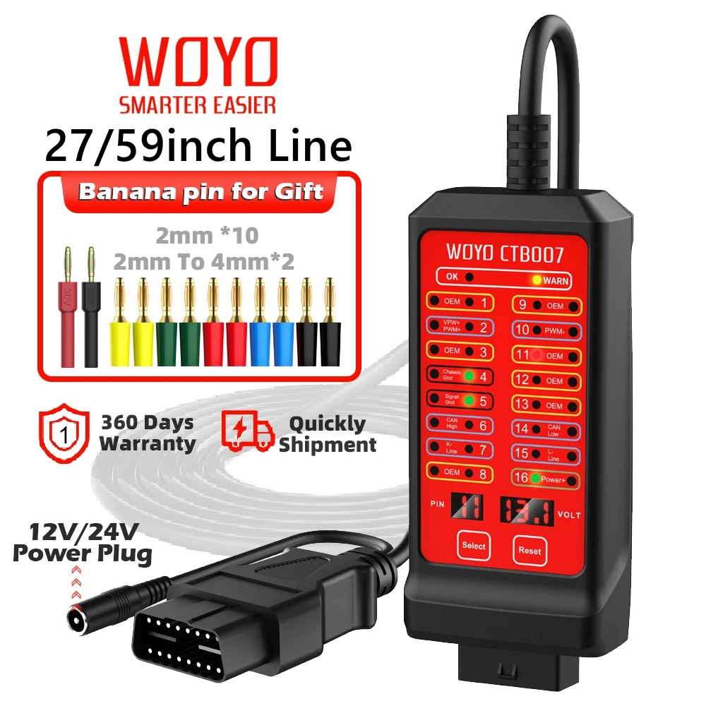 WOYO CTB007 CAN Tester Box 12V 24V OBD2 Breakout Box z kablem 27/59in do wszystkich samochodów samochodowych narzędzi diagnostycznych