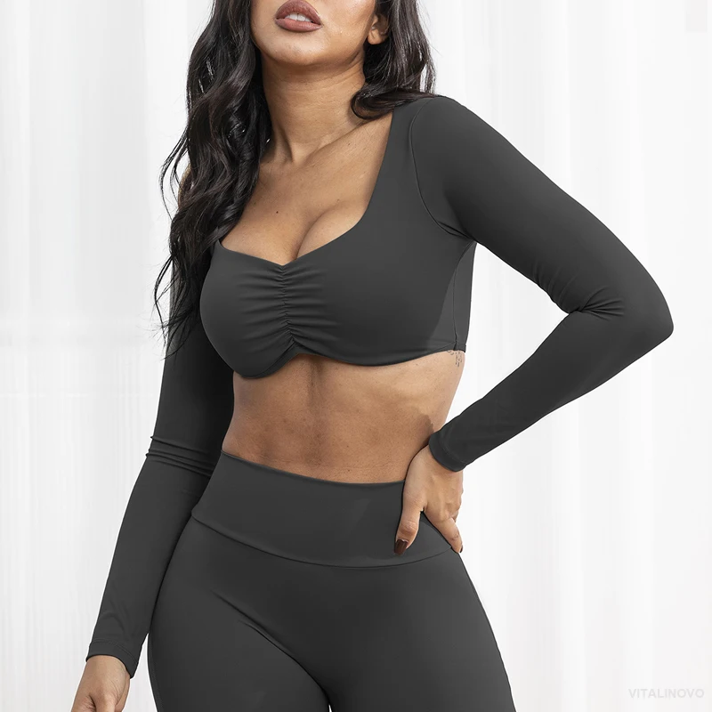 VITALINOVO Long Sleeve Crop Tops for Women Ruched Square Neck Padded Sculpt Yoga Bra Workout Crop T Shirt Top with Built in Bra