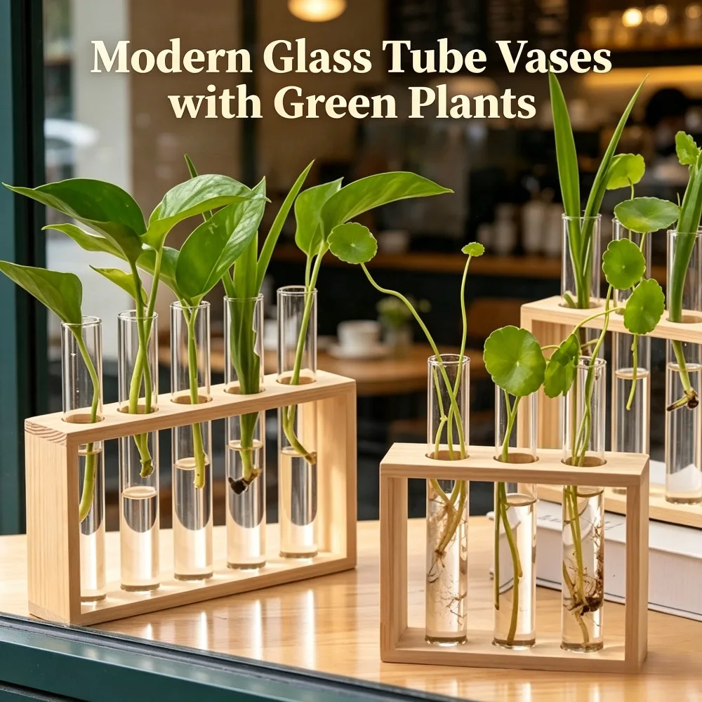 Test Tube Glass Propagation Vase with Wooden Stand, Hydroponic Plant Cuttings Station for Home Office Planter Garde Decor