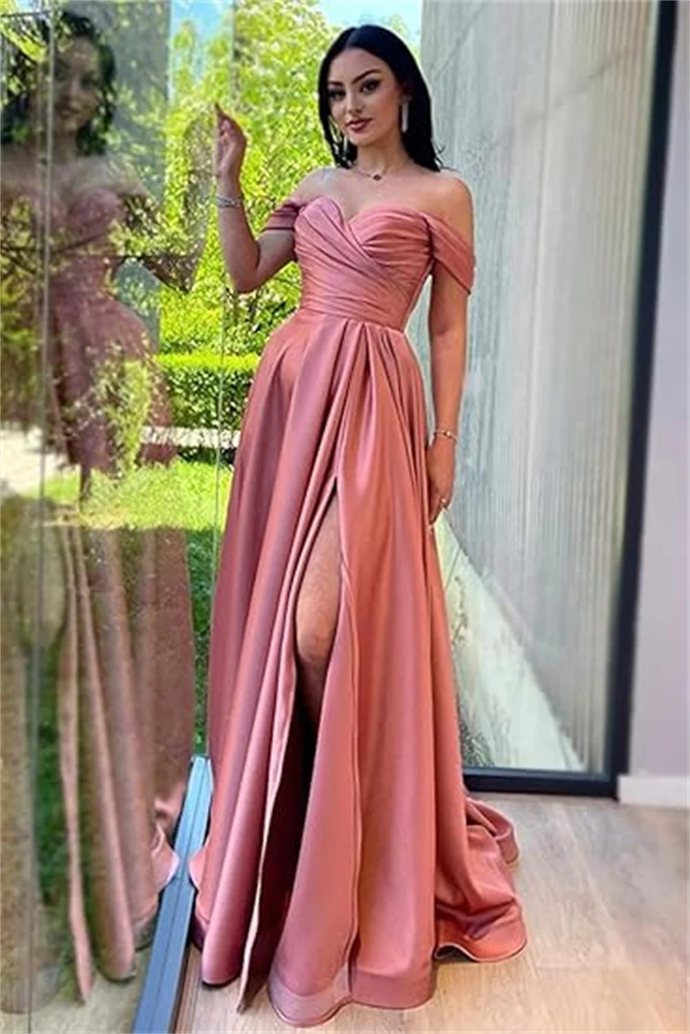 

Customized Off The Shoulder Pleated Satin Sweet Bridesmaid Dresses A Line Side Split Long Prom Evening Party Dresses For Women
