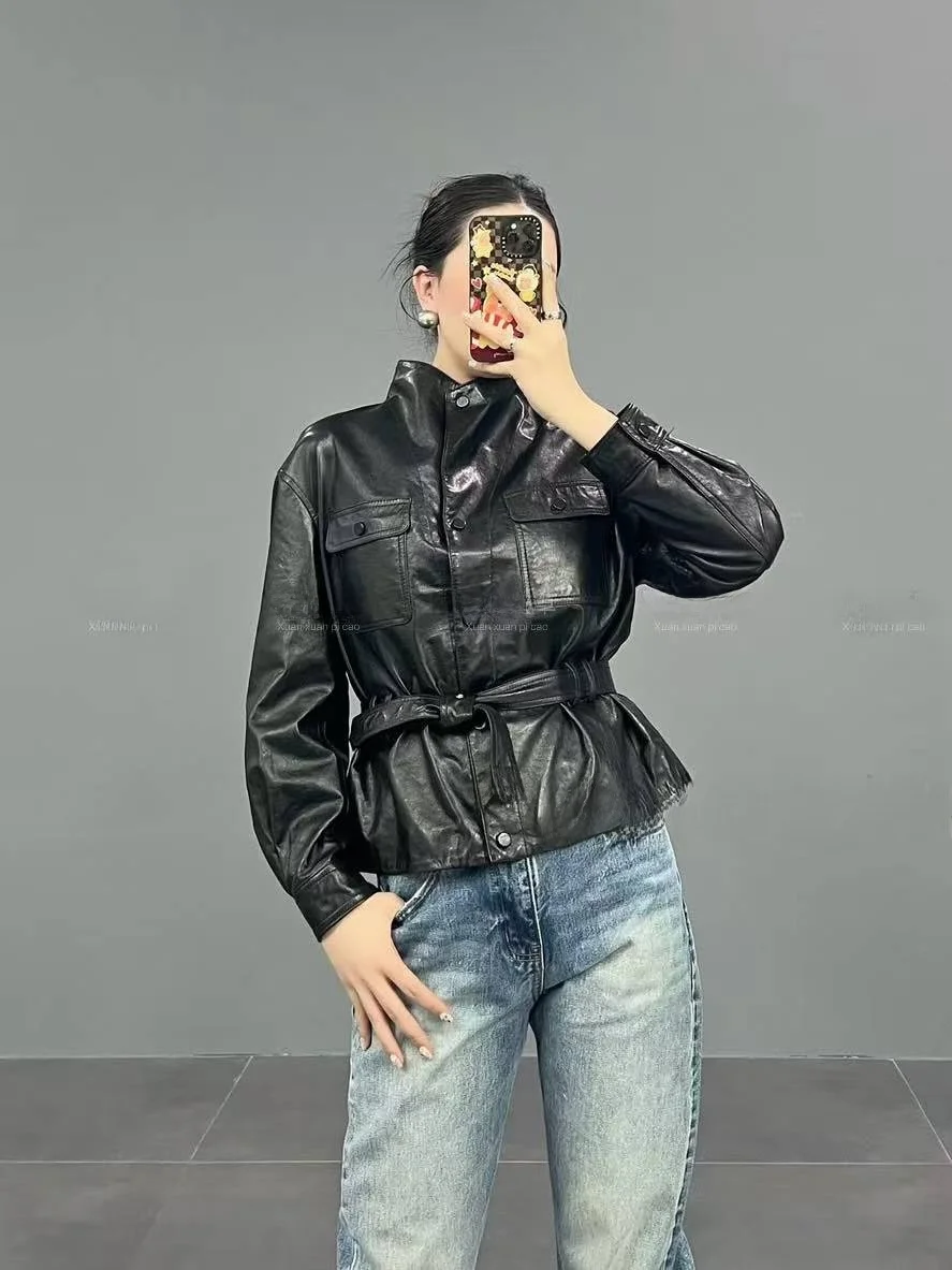 

Новая женская кожаная куртка Ning 2026 из натуральной овчины с длинными рукавами, на молнии, приталенная, класса люкс