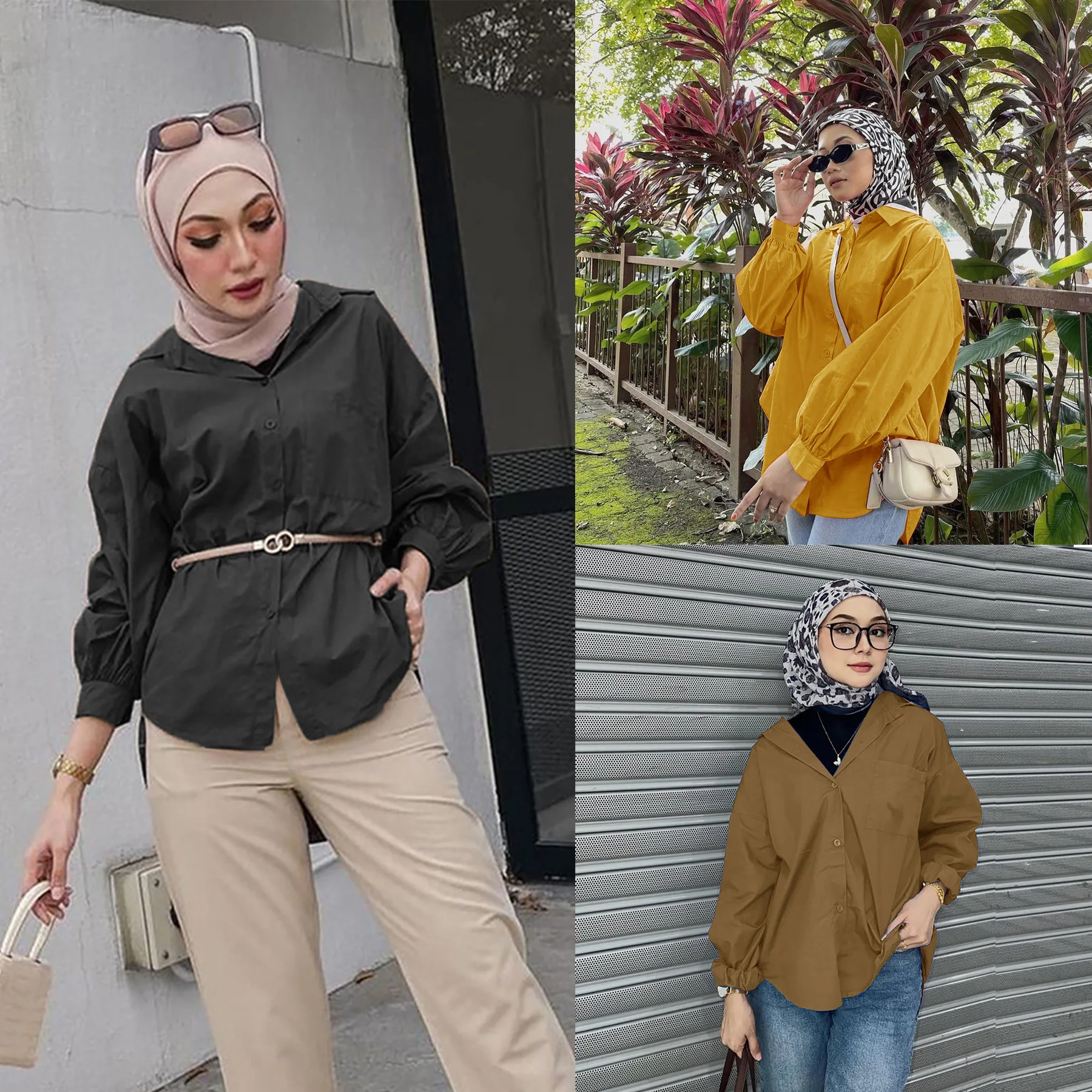 

Solid Color Top Malaysia Muslim Loose Lapel Casual Long-sleeved Shirt Women Summer Shirts