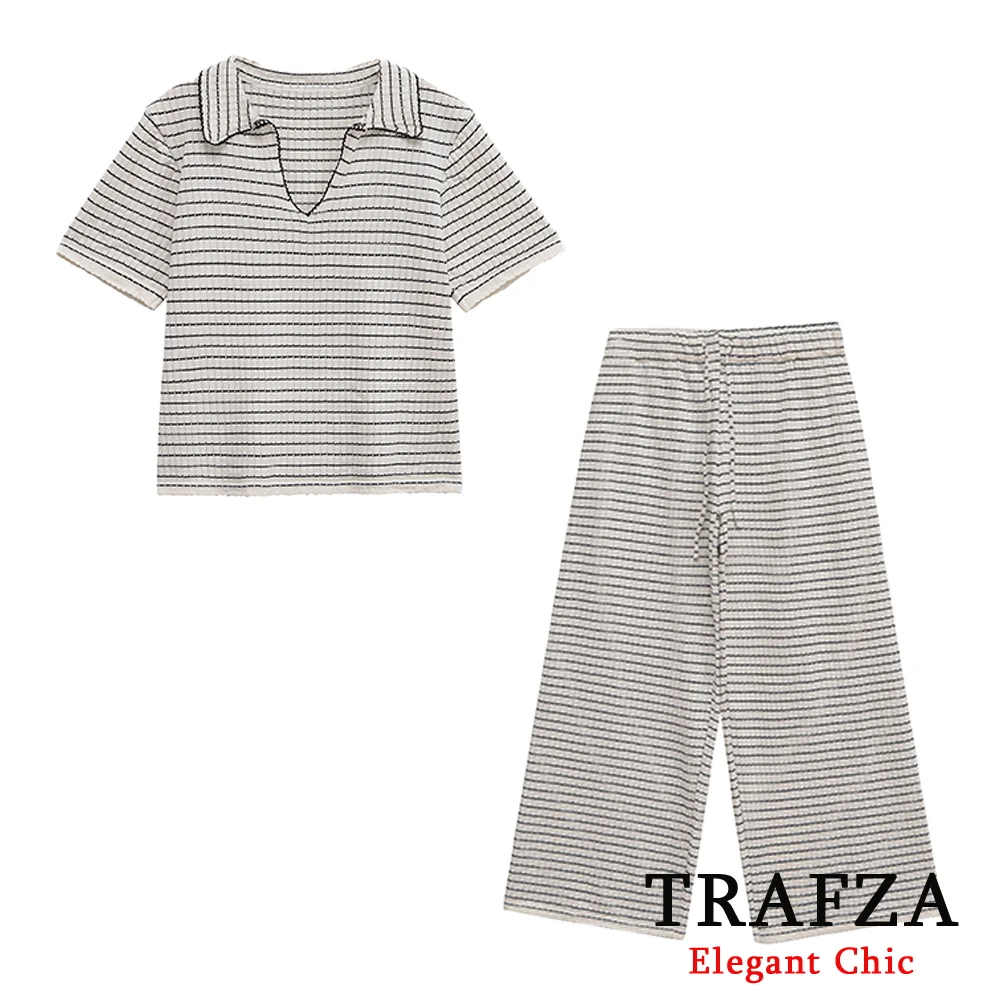 

TRAFZA Casual Striped Short Sleeve Suit Women's V-Neck T-Shirts Wide-Leg Pant 2025 Spring Summer Fashion Holiday Simple Pant Set