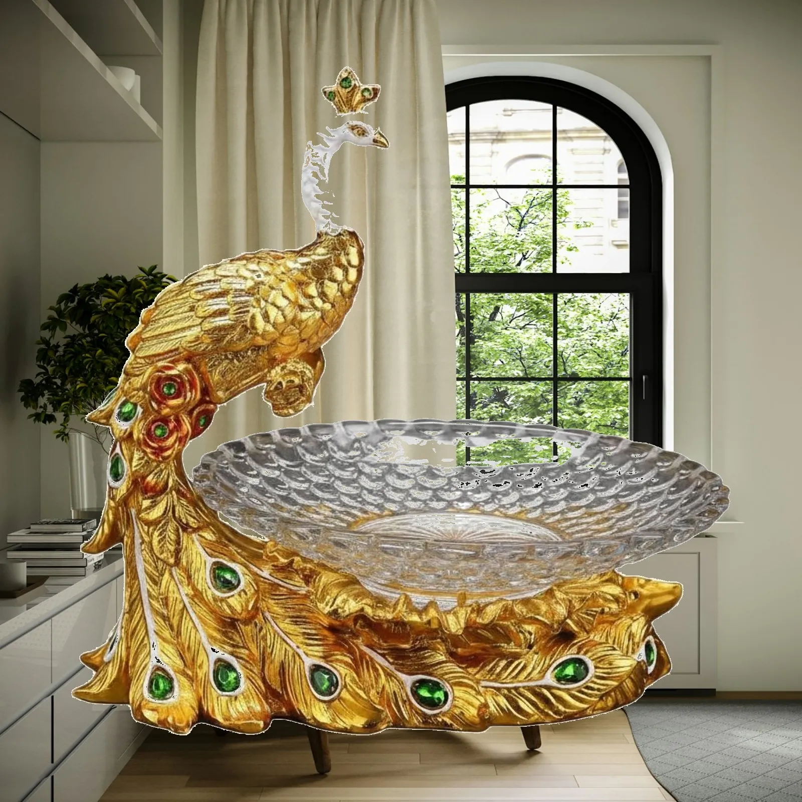 Decorative Peacock Bowl Gold Finish Resin Fruit Tray with Crystal Accents for Entryway Console Sofa Table Home Accent