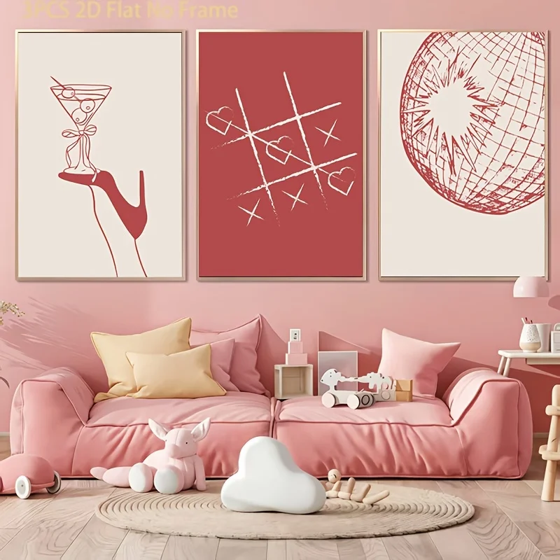 (No frame)2D Flat, 3 Sets of Posters & Prints Decorative Paintings, 2D Flat, Canvas Painting Red Girl Art Prints, Martini Win