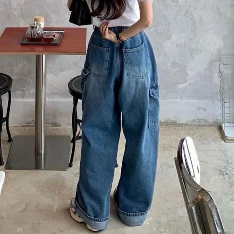 Eeonovni azul denim calças compridas mulheres streetwear cordão design bolsos emendados solto perna larga jeans roupas de moda