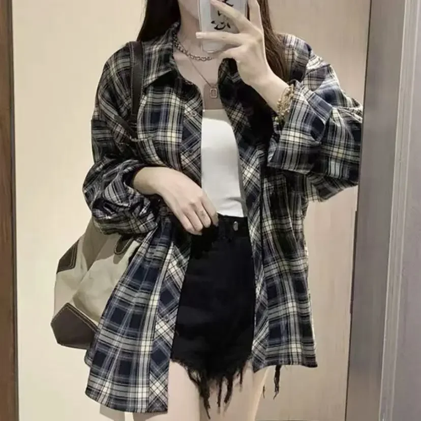 Korean Style Navy Blue Plaid Shirt Long Sleeved Tops Women\'s Check  Blouse Female Spring Summer Basic Thin Coat Outwear 2024