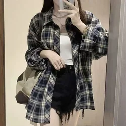 Korean Style Navy Blue Plaid Shirt Long Sleeved Tops Women's Check  Blouse Female Spring Summer Basic Thin Coat Outwear 2024