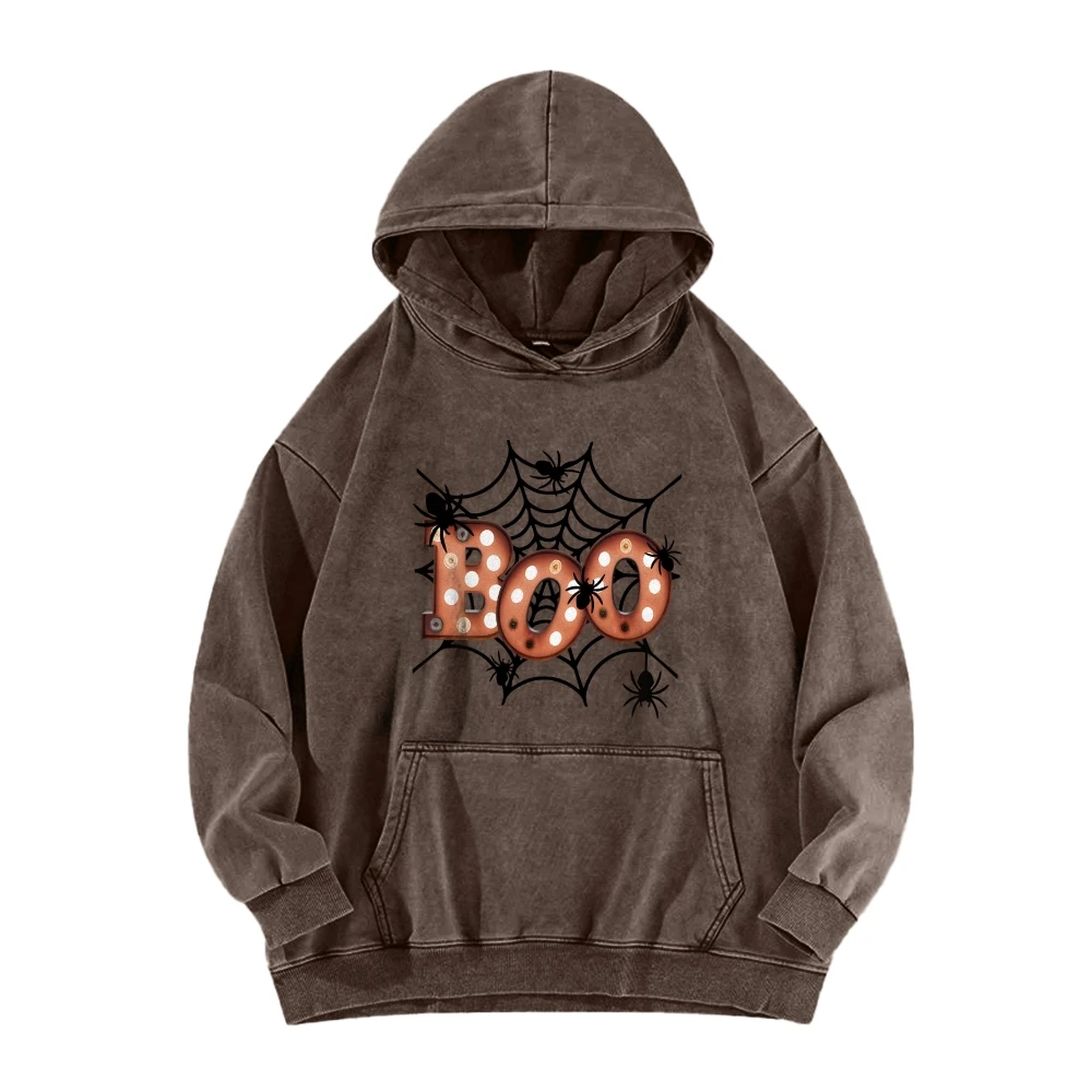 Halloween Casual Washed Hoodie BOO Spooky Spider\'s Web Unisex Women\'s Men\'s Pullovers Y2k Hoodies New Gothic Top Halloween