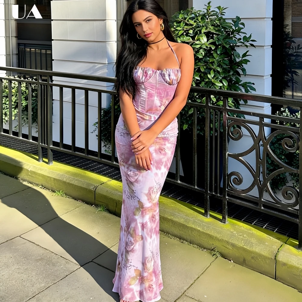

Сексуальное облегающее платье-макси с цветочным принтом и шнуровкой на шее, модное длинное платье без рукавов для женщин, в отпускном стиле, с драпировкой