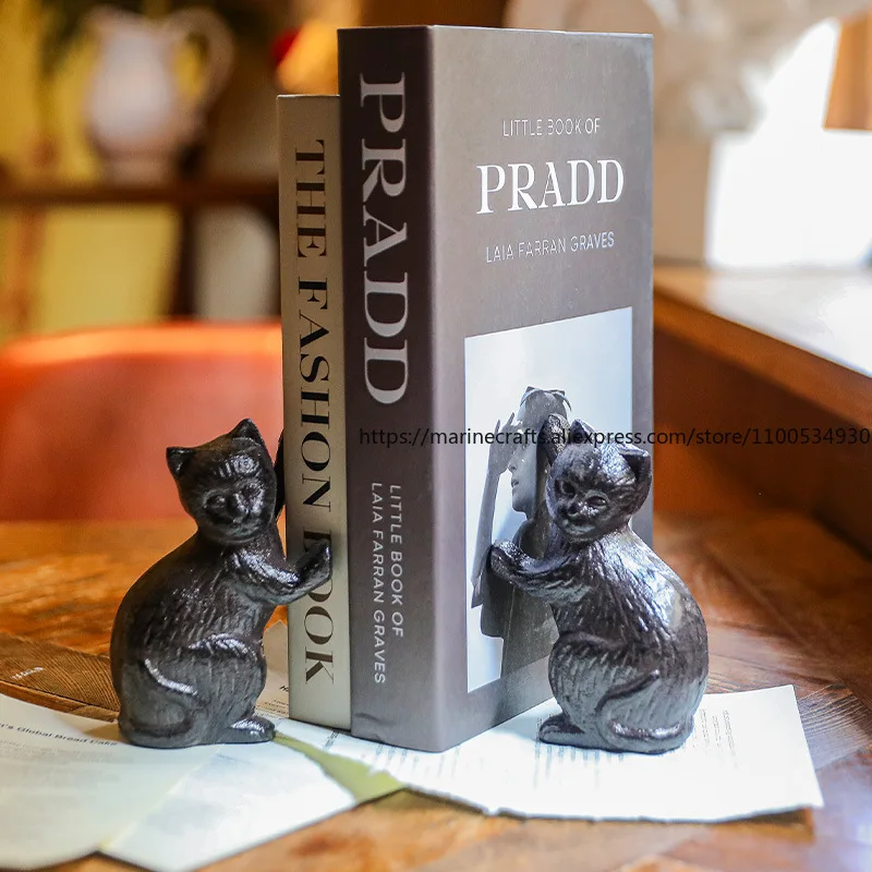 Retro Antique Cast Iron Wrought Iron Cat Animal Bookend Ornament Housewarming Gift Book Stand Bookshelf Decoration