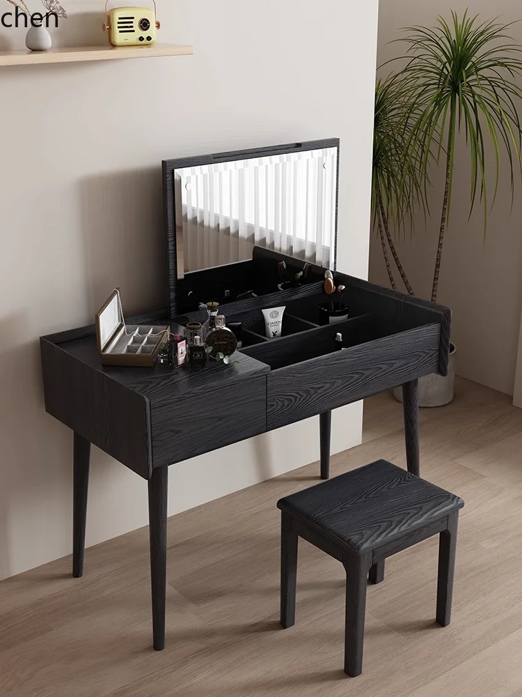 Retro Solid Wood Dressing Table Desk Flip Cover Dual-use Mid-century Style White Wax Wood Small Apartment