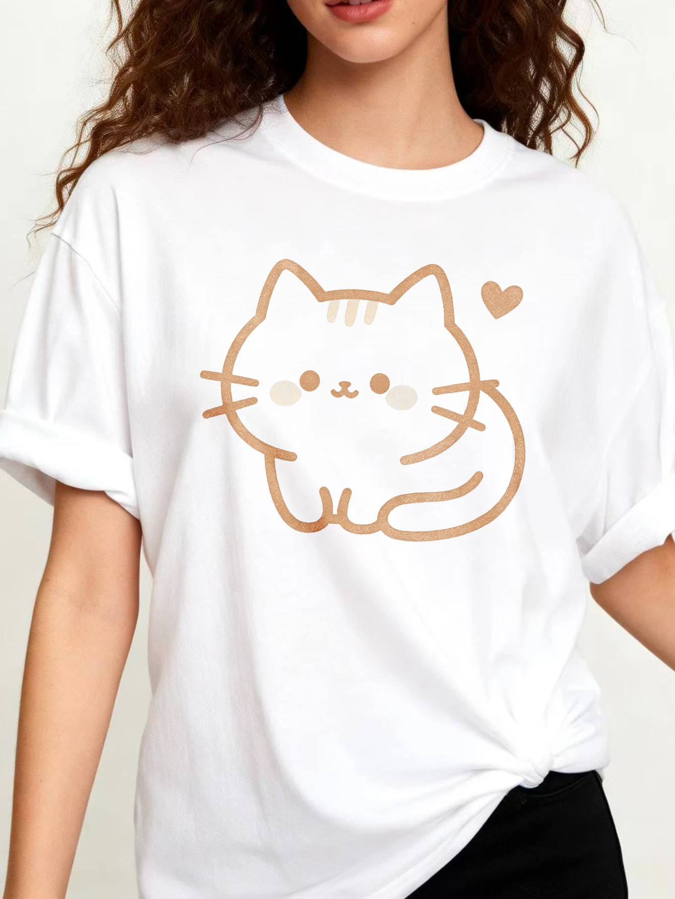 Cute Cat Design Women's Oversized 100% Crewneck T-Shirt Kawaii Animal Print Summer Casual Wear Graduation Gift