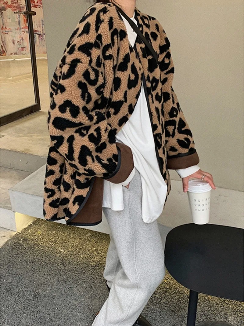 Jackets Women Loose Fit Leopard All-match Elegant Personality Style Vintage Korean Fashion Popular Autumn Winter Lambwool Coats