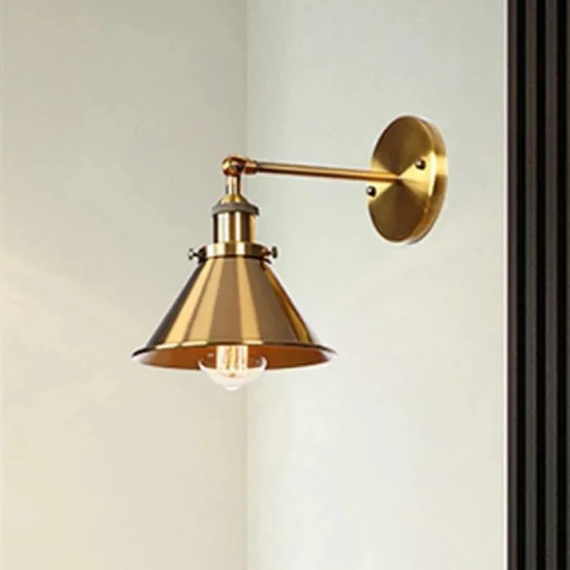 

American Retro Industrial Style Golden Wall Lamp Wrought Iron Bedside Lamp Corridor Staircase Pot Cover Corridor LED Wall Lamp