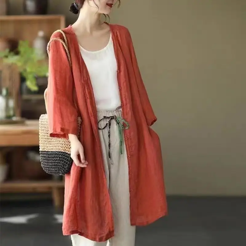 2025 Summer and Autumn New Retro Cotton Linen Medium and Long Cardigan Women's Loose Casual Shirt