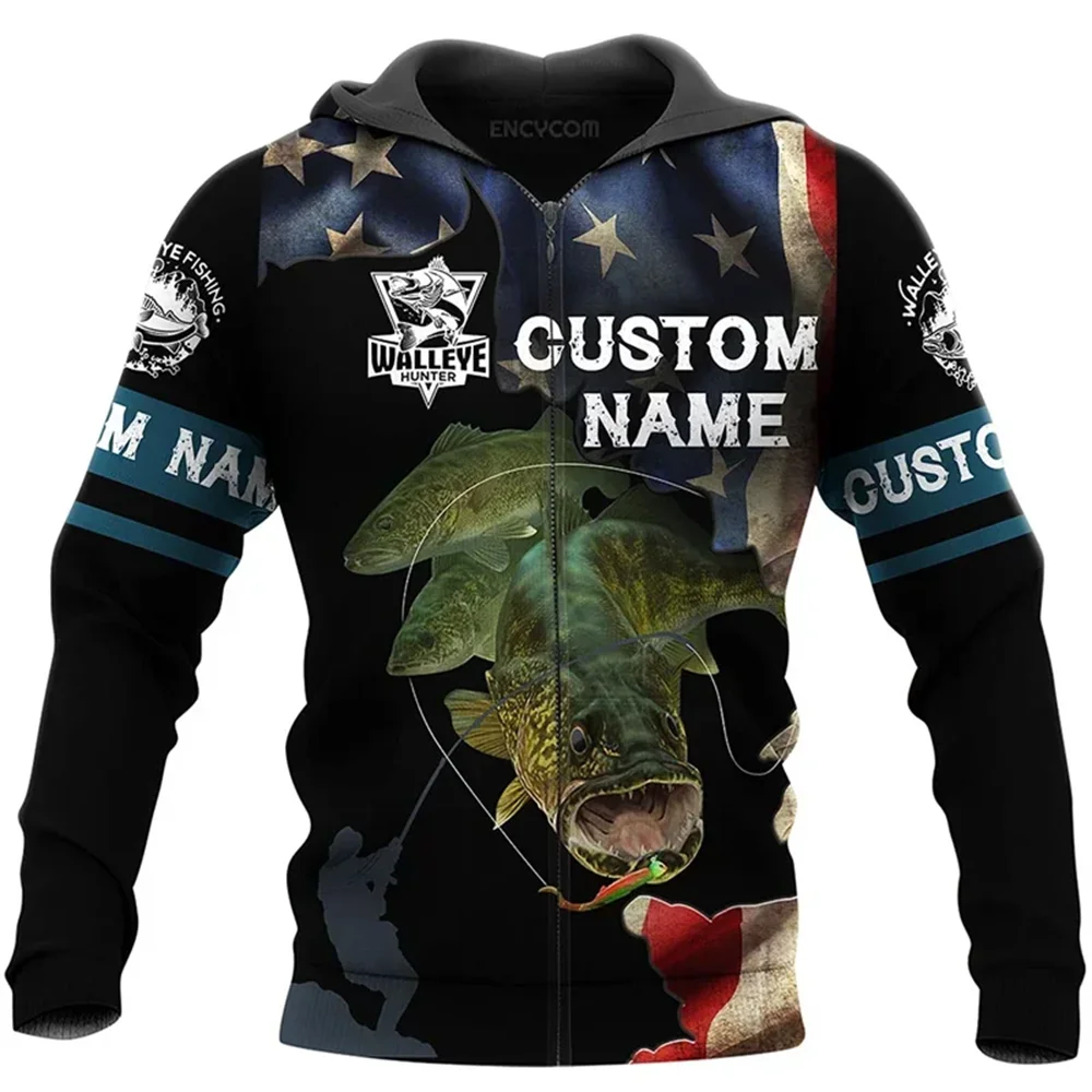 Men Zip Up Hoodie Carp Fishing Graphic Clothing Sweatshirt Casual Oversize Hoodies 3D Walleye Pike Fly Fish Printed Hooded Tops