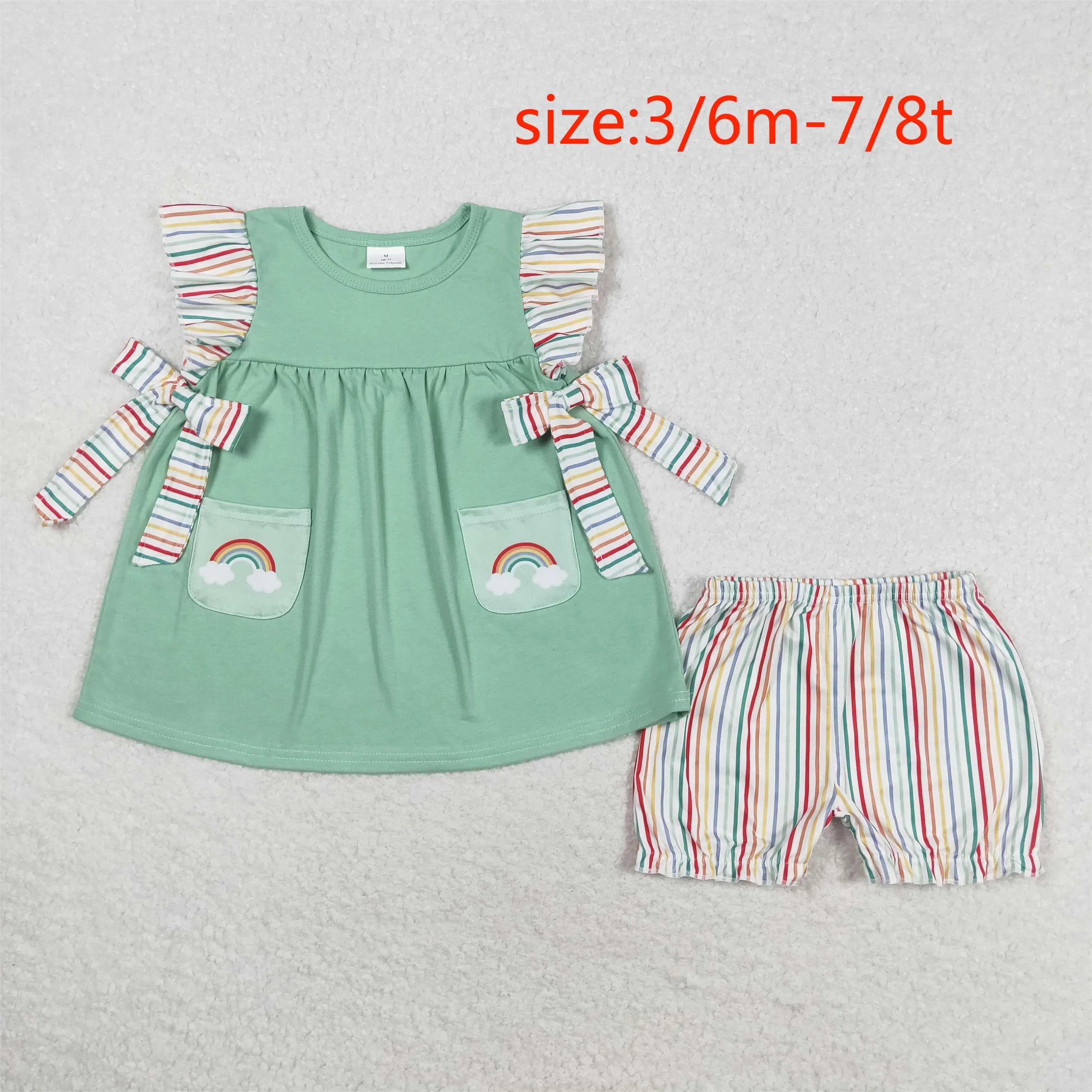 

z99-09 GSSO0596 Summer Boutique baby girls clothes striped lace rainbow flying sleeve shorts sets Wholesale clothes for girls
