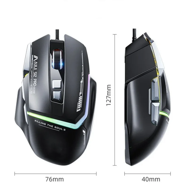 Wired RGB Light Gaming Mouse Keys, Mecanismo de contrapeso embutido, Memória integrada, 128KB, 12800DPI