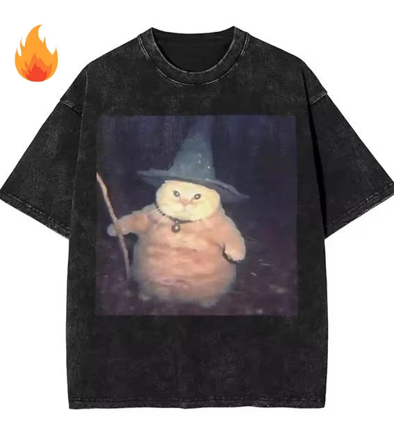 Funny Wizard Cat Shirt Acid Washed Graphic Tee Men Retro Witch Cat Print T Shirt Vintage Heavyweight Cotton Streetwear Top