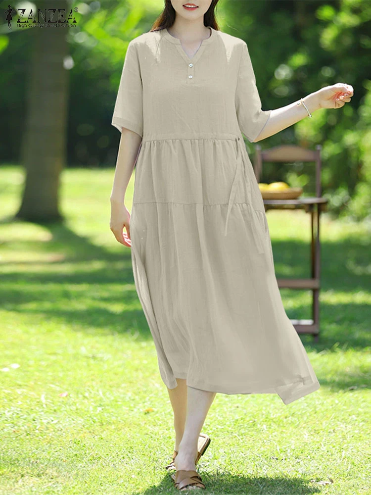 

ZANZEA Minimalist Women's Midi Dresses Casual V-Neck Short Sleeve Gathered Waist Drawstring Solid Color Loose Dress for Woman