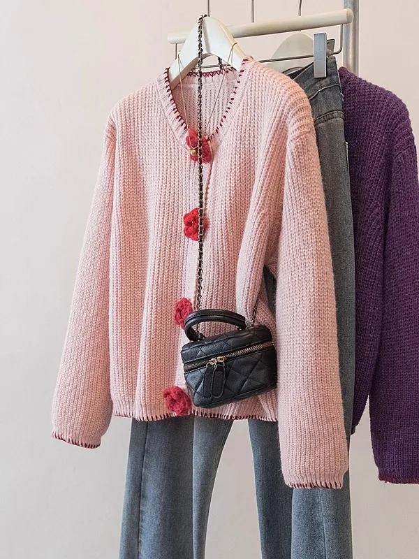 

Модный вязаный кардиган-пальто с длинными рукавами для женщин больших размеров, осенне-зимний, с цветочной 3D-вышивкой, из мягкого полиэстера