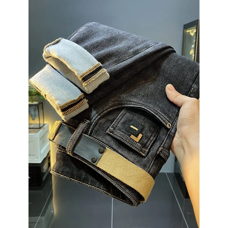 Winter Fleece-lined Warm Jeans Men's New Fashion Street Trend Stretch All-Matching Casual Tight Pants