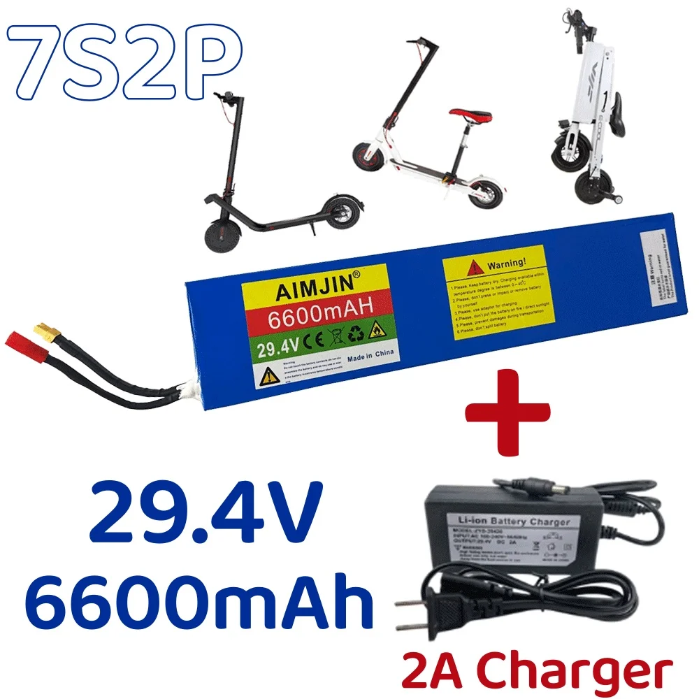 25.2V 6600mAh 7S2P 18650 Li-ion Rechargeable Battery Pack with BMS For 29.4V Electric Scooter+Charger