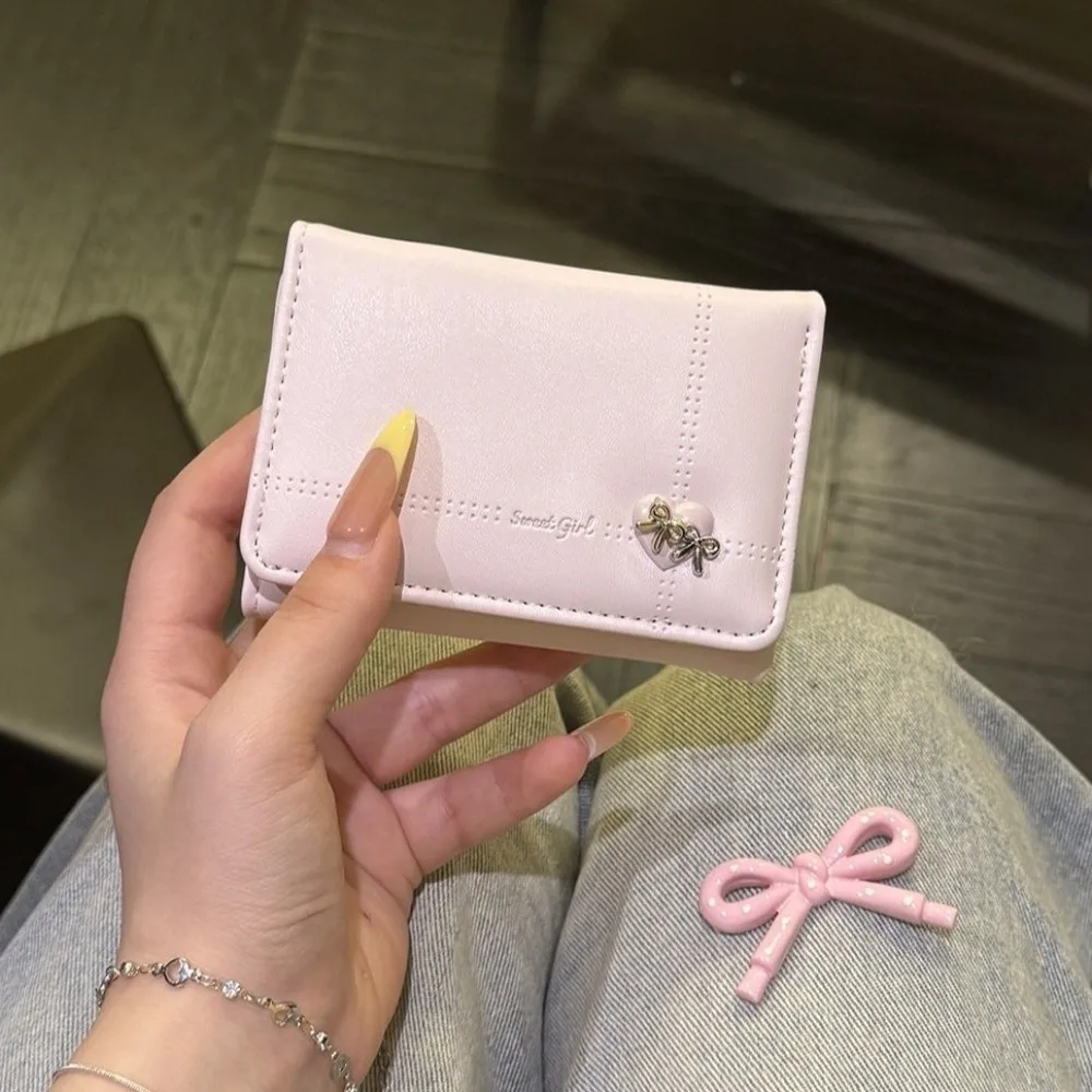 Fashion Large Capacity Love Bow Wallet Multi-card Slot PU Leather Tri-fold Short Wallet Compact Foldable Card Holder Student