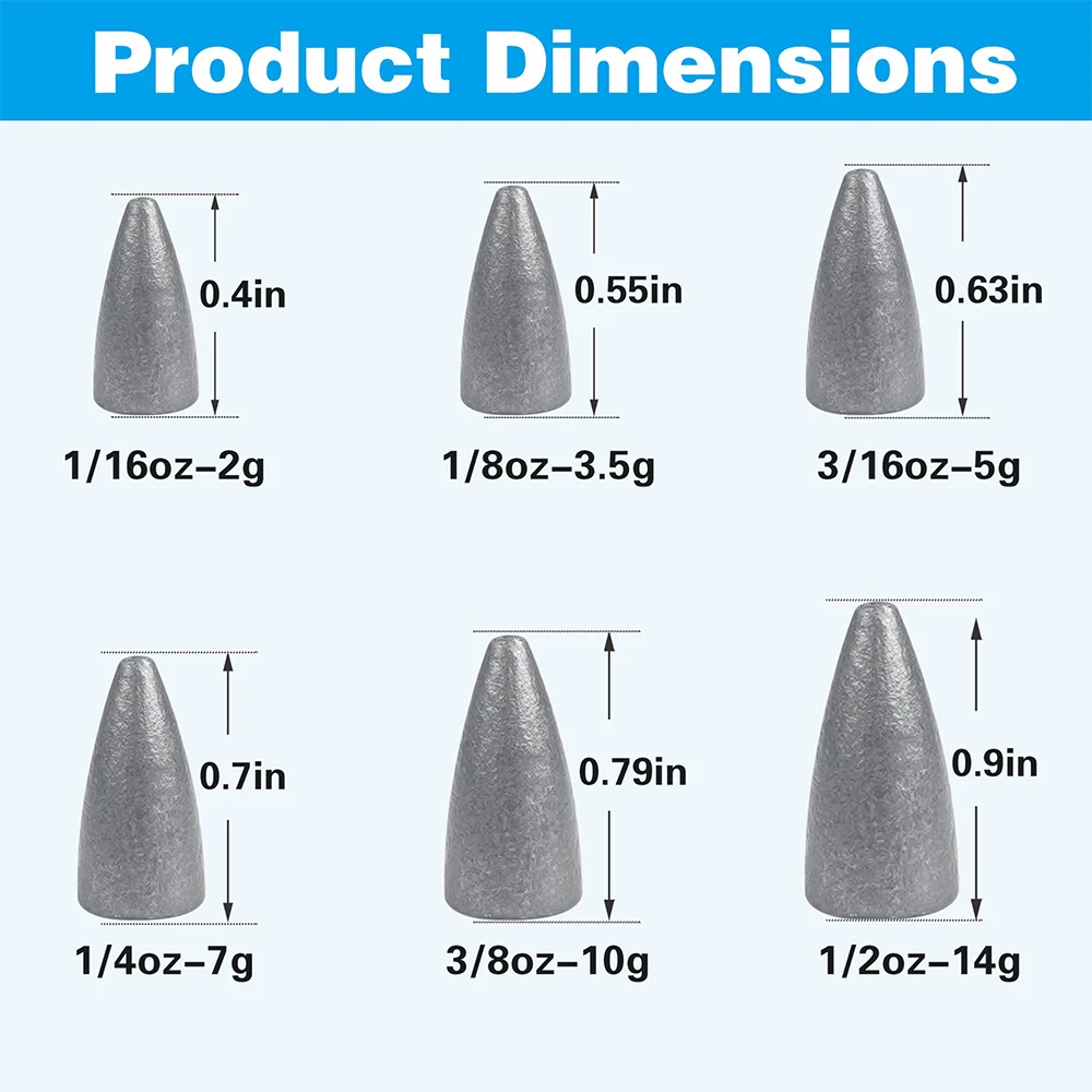 6Pcs Bullet Fishing Sinkers Worm Weights for Bass Fishing Slip Sinkers Texas Carolina Rig Sliding Weights Lead Fishing Weights