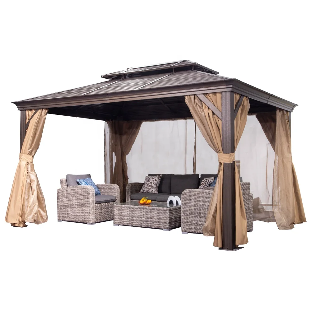 Steel Frame Gazebo Outdoor 4x4 Backyard Hardtop Iron 3x3 Gazebo Privacy Curtains Netting
