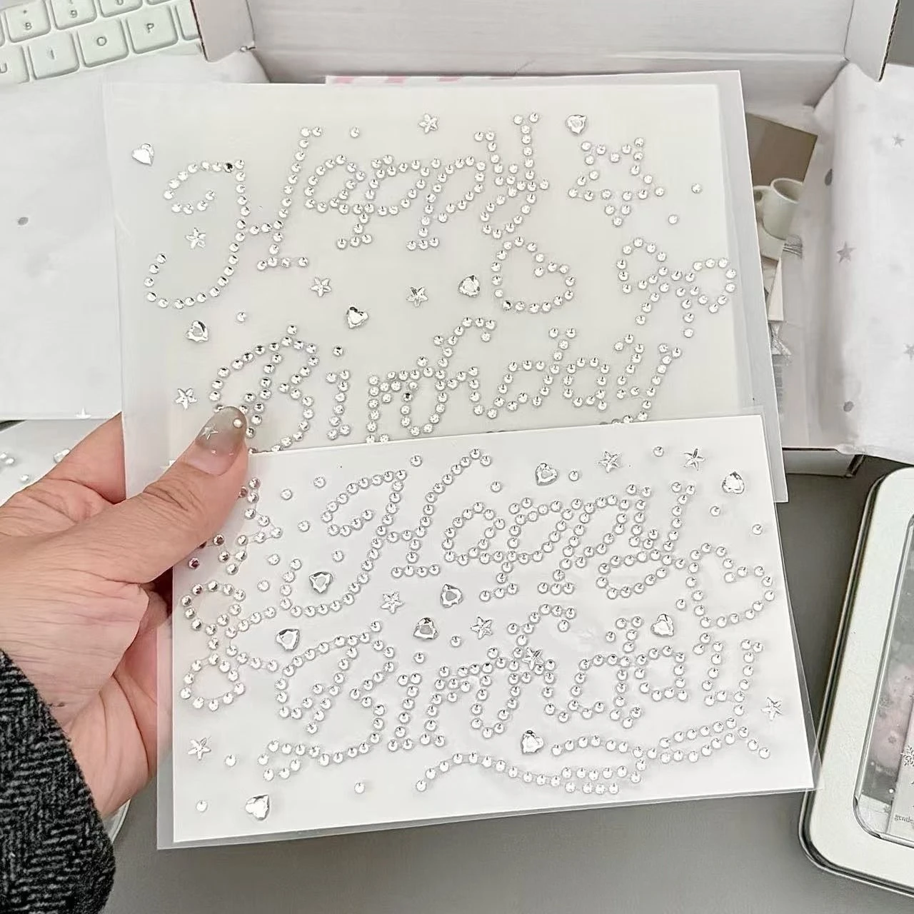 Silver Happy Birthday Rhinestone Stickers 3D Heart Star Diamond Sticker Birthday Card Gift Box Decorative Sticker