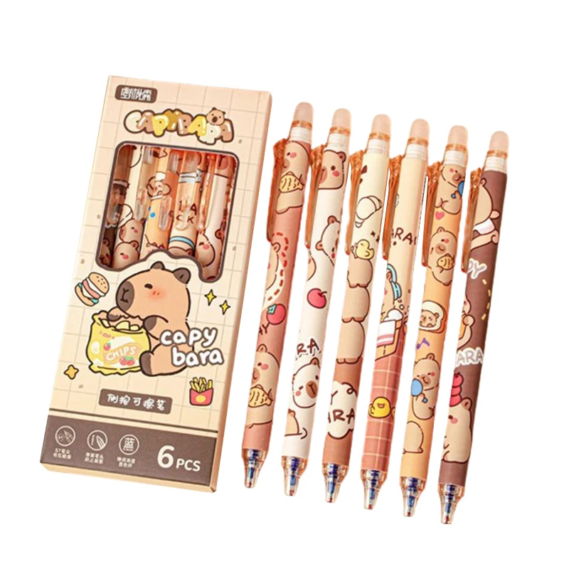 Capybara-Stylo effaçable à encre bleue, mignon, lisse, séchage rapide, accessoires scolaires et de bureau, cadeau de papeterie pour étudiants, 6 pièces