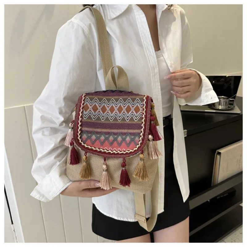 Women Backpack Ethnic Style Large Capacity Tassel Small Bag Female Versatile Leisure Travel Travel Women's Backpack