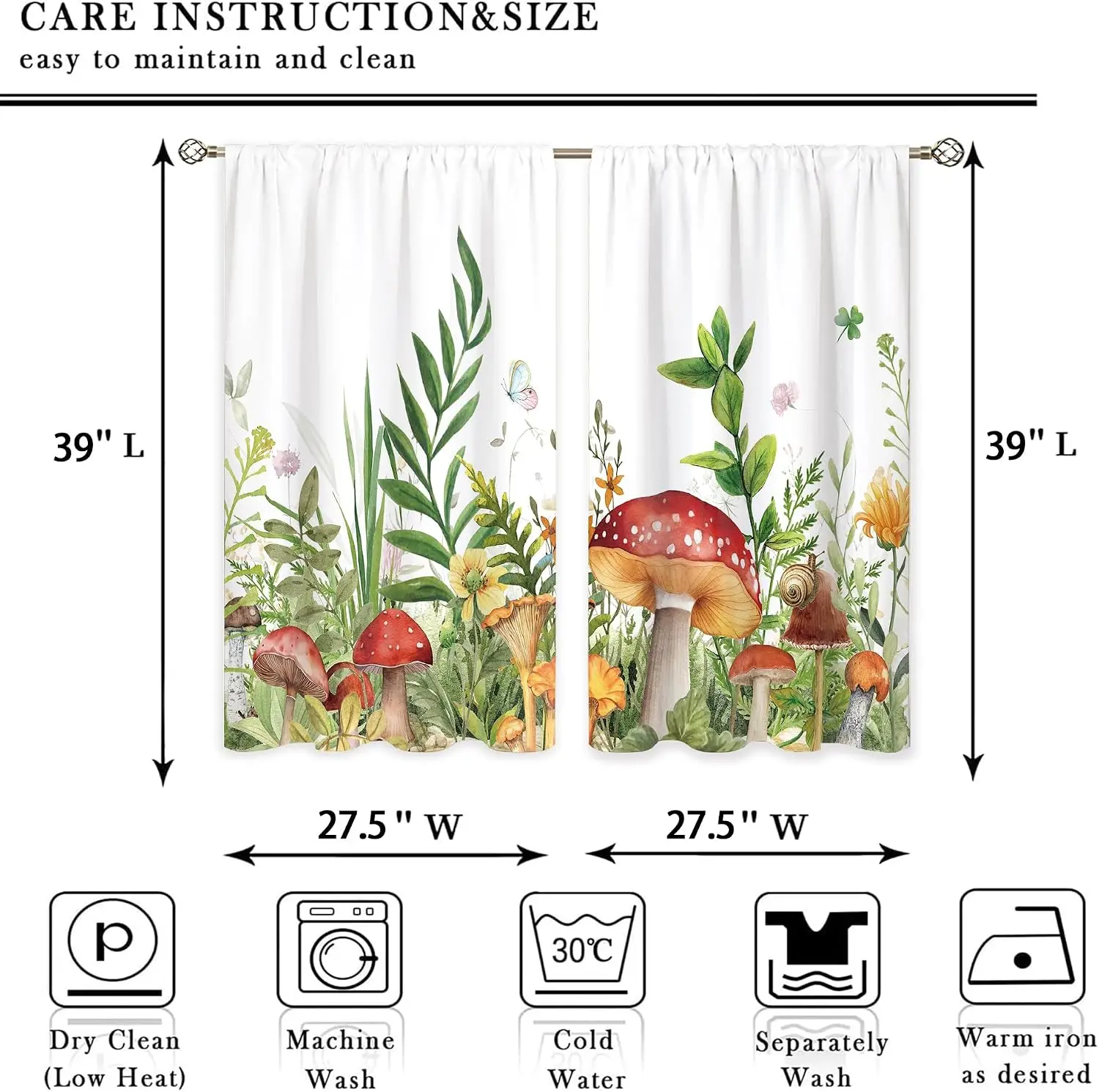 White Base Fly Agaric Mushroom Curtain Watercolor Wild Bloom Butterfly Print Drape  Kitchen Sink Soft Fresh Pastoral Farmhouse