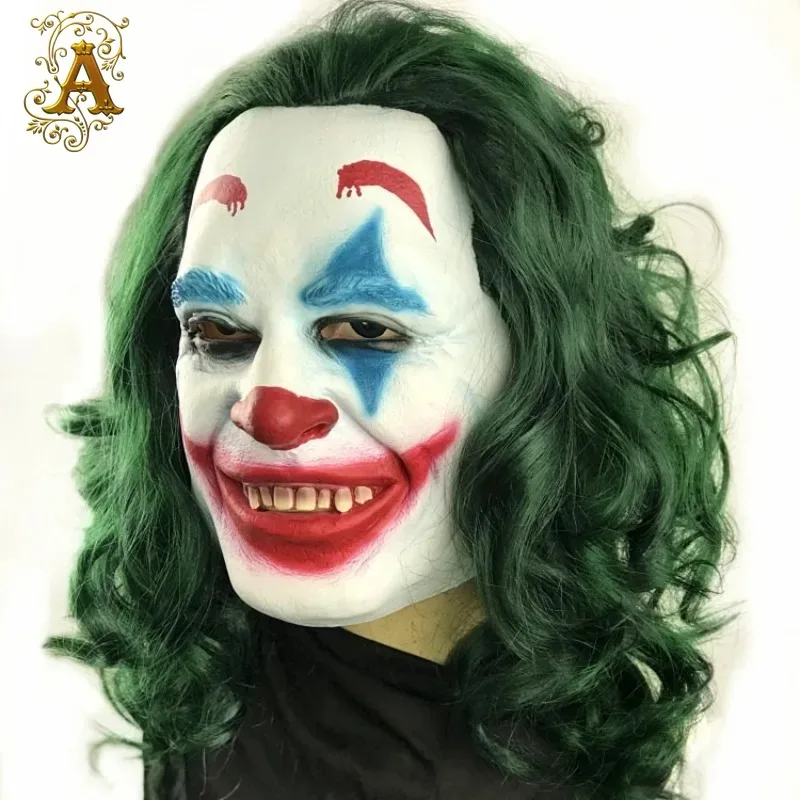 Green Hair Clown Mask Movie Fleck Cosplay Hood Masquerade Halloween Stage Performance Wear Prop Latex Face Shield