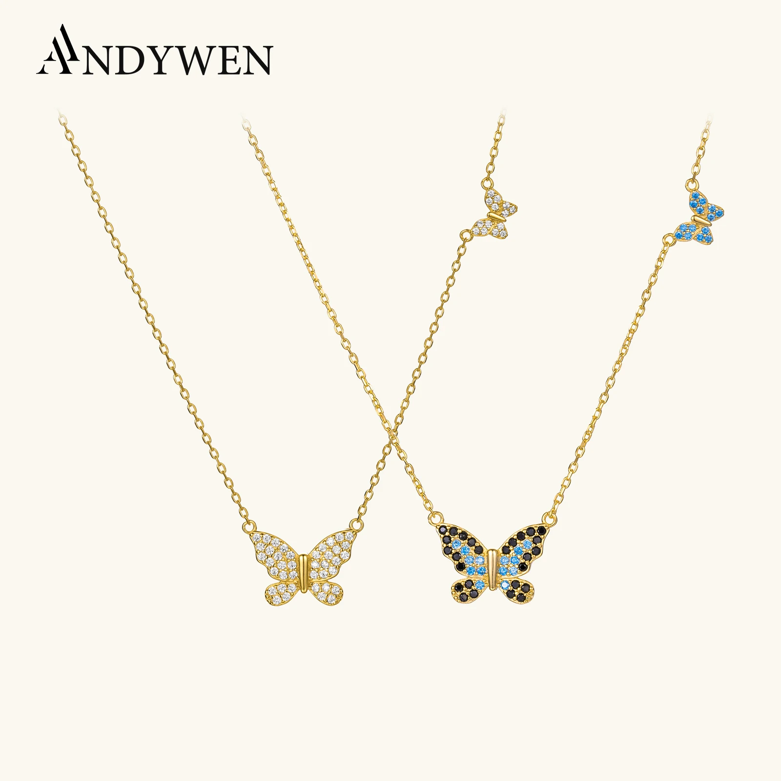 

ANDYWEN 925 Sterling Silver Clear Big Butterfly Pendant Small Butterfly Long Chain Crystal Zircon Crystal Luxury Jewelry Gift